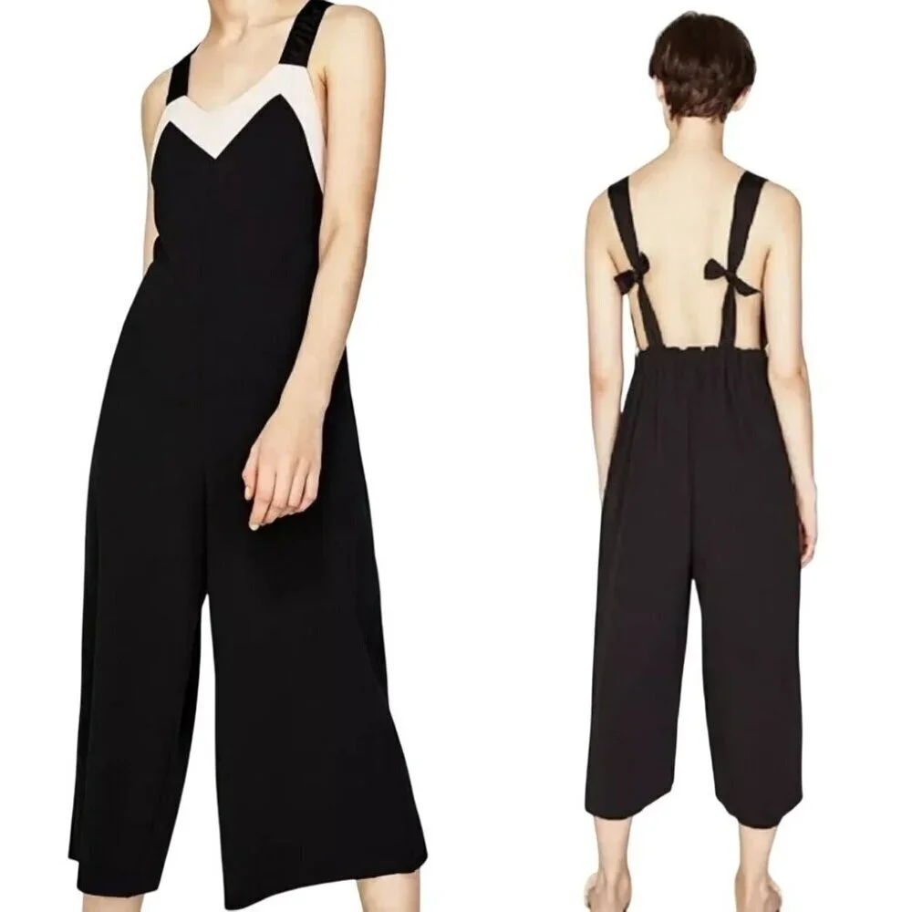 Zara Jumpsuit Women Small Black Ivory Tie Back Overall Wide‎ Leg Cropped Preppy
